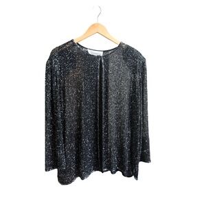 Caroline Rose Black Beaded 100% Silk Open Front Evening Jacket Womens 1X Formal